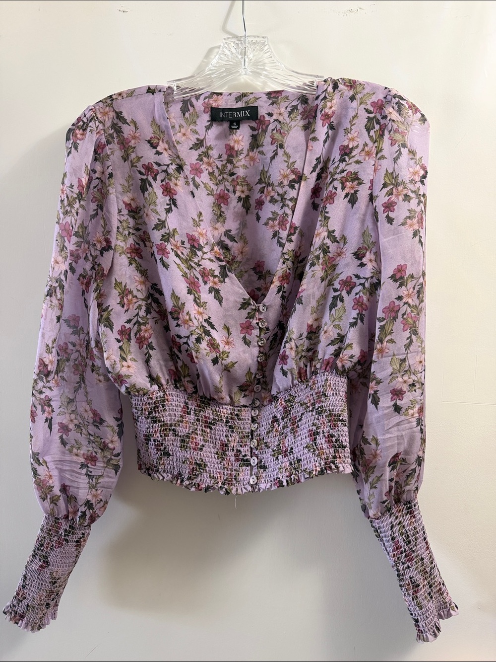 INTERMIX Lavender Floral Smocked-Waist Wrap Blouse